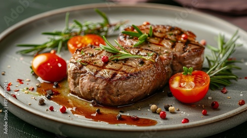 Close-up of a gourmet deer steak, beautifully decorated on a plate, showcasing premium meat with impeccable focus, isolated for ads