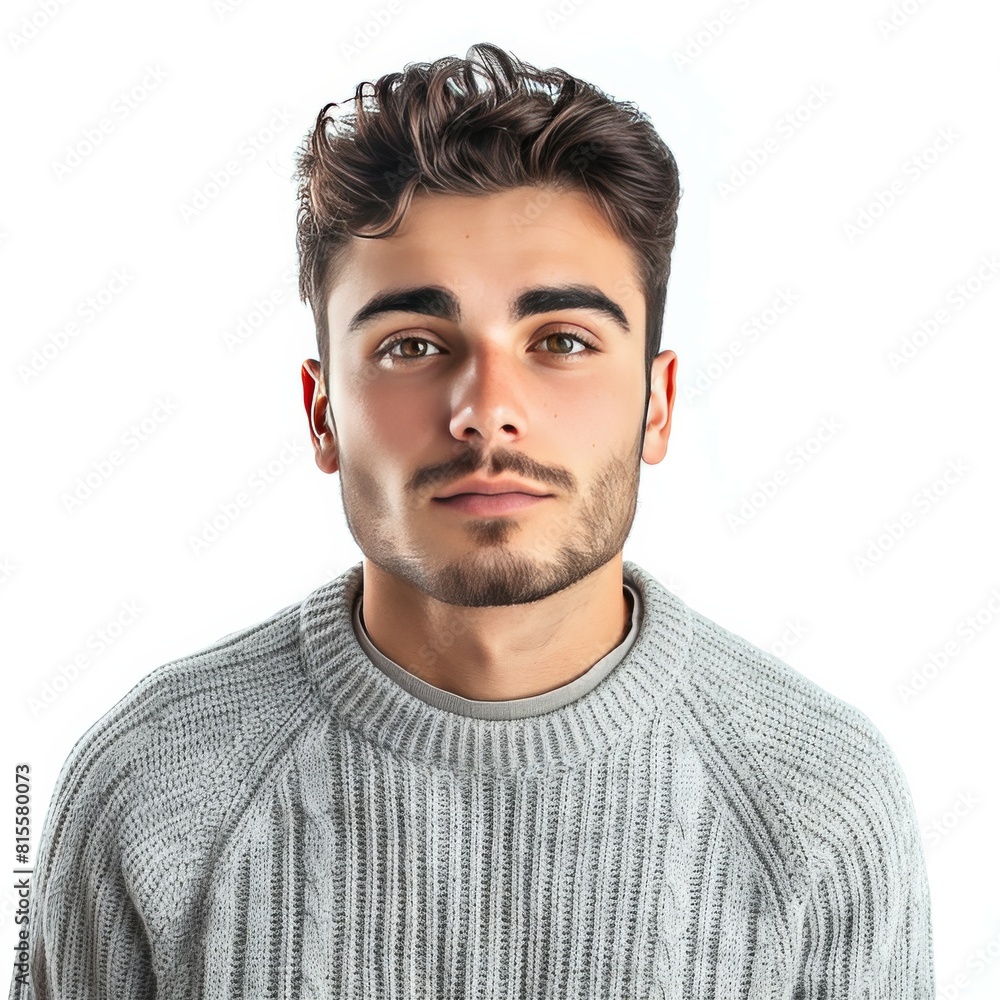 A man in a cozy sweater gazes into the camera with an intense yet reflective expression A man in a cozy sweater gazes into the camera with an intense yet reflective expression
