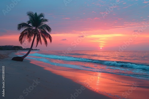 Palm Tree on Tropical Beach: Silhouetted against a colorful sunset backdrop.