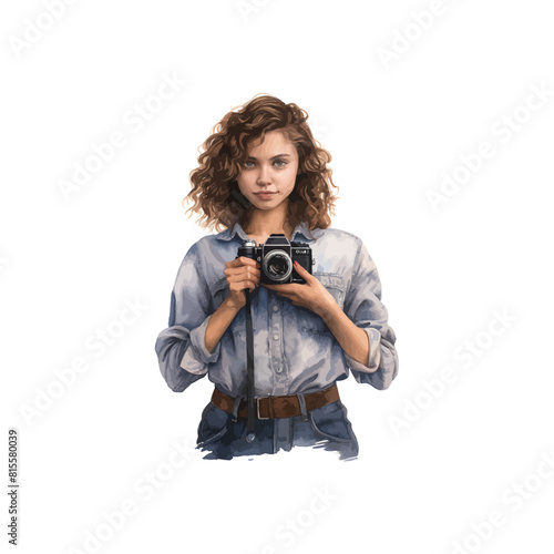 Female Photographer with Vintage Camera. Vector illustration design.