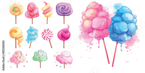 Posters for cotton candy, sugar confectionery, nutrition snack  with text, fluffy floss promo banners