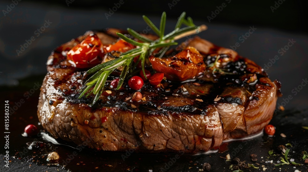 Close-up of a beautifully decorated ostrich steak, emphasizing the premium quality and presentation, isolated background, studio lit Close-up of a beautifully decorated ostrich steak, emphasizing the premium quality and presentation, isolated background, studio lit