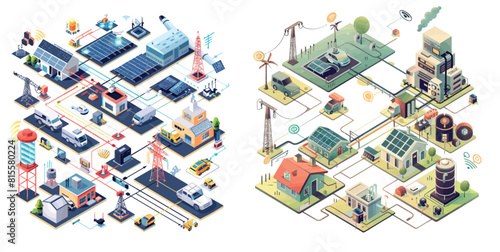 The smart grid diagram is shown below. Isometric illustration of electricity production plants. © Zaleman