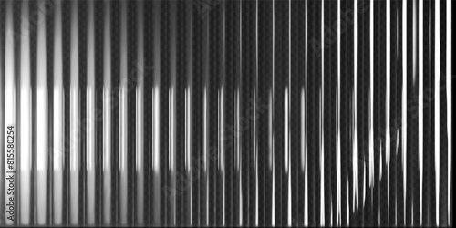 3d transparent ribbed glass background with refraction effect. Reeded glass with black and white gradient. Render of corrugated wall with overlay reflection light on dark. 3d vector background