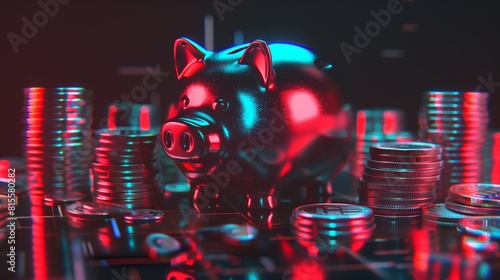 Digital Art: A Surreal Scene of a Piggy Bank Amidst Coins and Bills photo