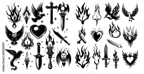  Flame elements, gothic girly and tribal fonts, angel and heart in 90s style, line tattoos