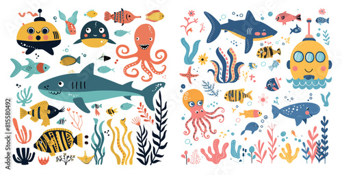 Sea animals, sharks, octopus and yellow submarine. Undersea fish and plants in Scandinavian style