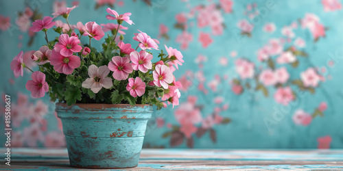 Pink color flower pot, a basket on an antique table, and the same flower-style background 