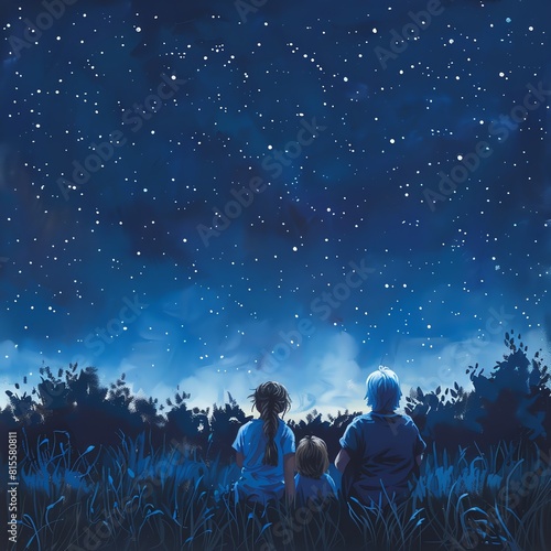 Quiet moment, grandmother and granddaughter looking at the stars, clear night sky