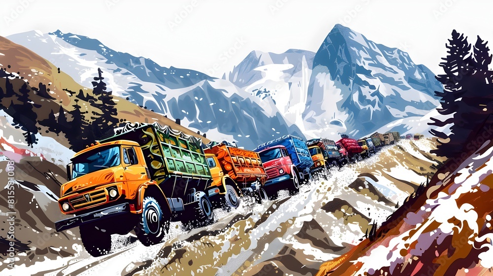 Fototapeta premium Convoy of Allied Supply Trucks Traversing Treacherous Mountain Roads Towards the Front Lines in Esport Style