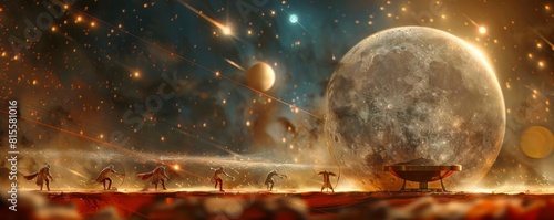Mythical beings on a giant scale, measuring the weight of moon dust, with a blurred meteor shower in the background, hyperrealistic, under dynamic cosmic rays photo