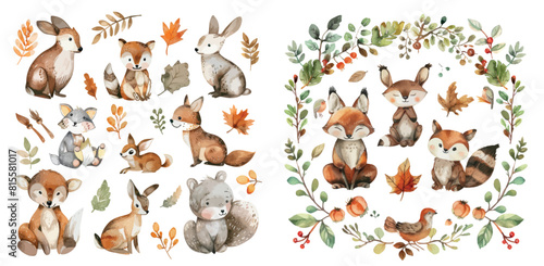 Banner with woodland animals and leaves in watercolor