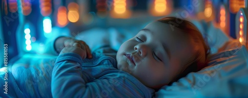 Newborn sleeping soundly in a smart crib that monitors sleep patterns, light painting style photo