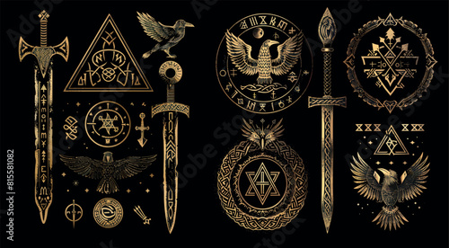 In 3 modern illustrations, pagan norse design with , raven, sword and runes on a black background.
