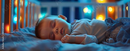 Newborn sleeping soundly in a smart crib that monitors sleep patterns, light painting style photo