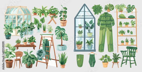 Houseplants and greenery inside a greenhouse or conservatory.