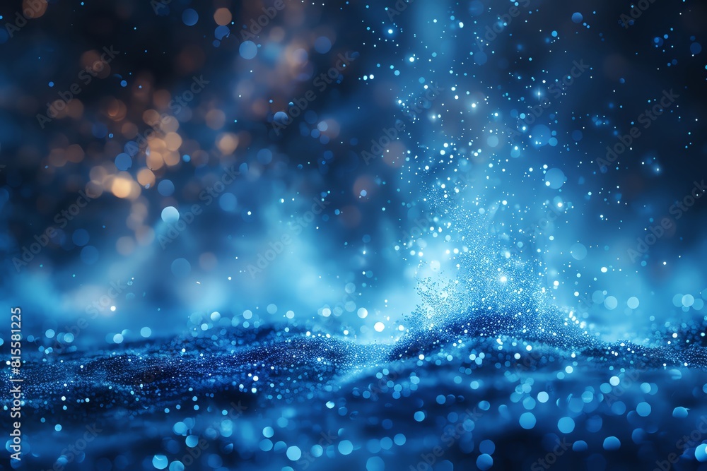 Obraz premium 3D qubits floating, deep blue with silver highlights, close up on quantum particles, vivid colors, Double exposure silhouette with a meteor shower