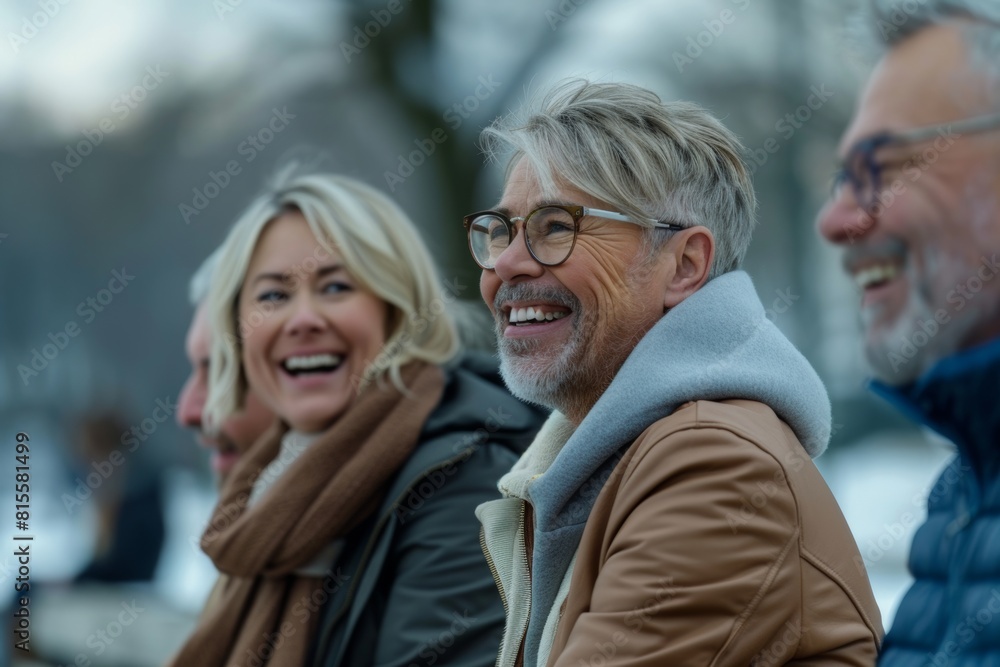 Mature couple walking in the park in winter. They are laughing Mature couple walking in the park in winter. They are laughing
