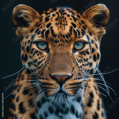 Blue eyes leopard portrait looking straight  at the camera for wall paper, wall art or poster generative Ai