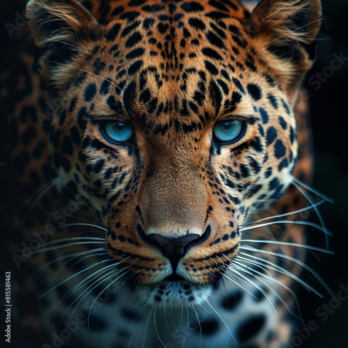 Blue eyes leopard portrait looking straight  at the camera for wall paper  wall art or poster generative Ai