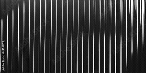 3d transparent ribbed glass background with refraction effect. Reeded glass with black and white gradient. Render of corrugated wall with overlay reflection light on dark. 3d vector background