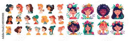 Various women characters for 8th March, Women Day. Modern holiday collection with colorful women faces for this holiday.