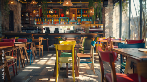 Halflighted hall in a loft style in a mexican restaurant with open kitchen on the background In front of the kitchen there are wooden tables with multicolored chairs and sofas On the s : Generative AI photo