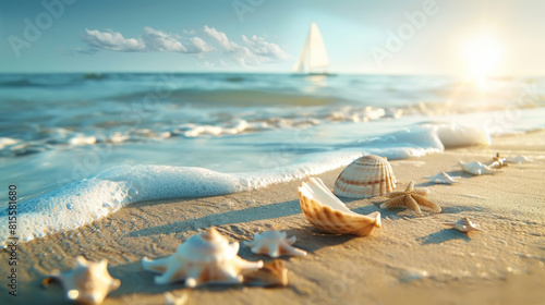 Summer sunny beach. Sea wave on the sand with shells. Sun-Kissed Seaside Retreat: A pristine beach stretches lazily along the coastline, basking in the golden glow of a midsummer afternoon.