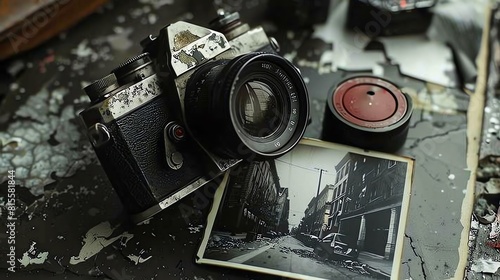 A close-up of an old film camera with a black and white photo of a city street with cars and people. The camera is on a wooden table. photo