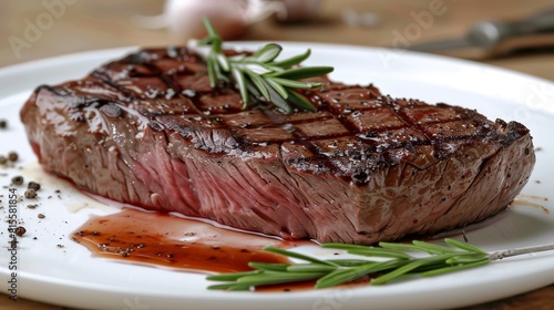 Artistic close-up view of a gourmet camel steak, elegantly arranged on a plate for a premium look, ideal for advertising, isolated background