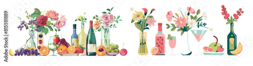 The set contains three still life pictures. Flowers in vase, fruit on plate, and an empty bottle with a drink.
