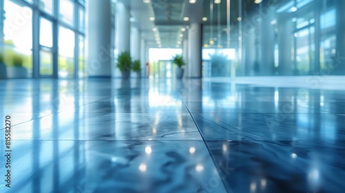 Blur Modern Office Hallway with Reflective Floors