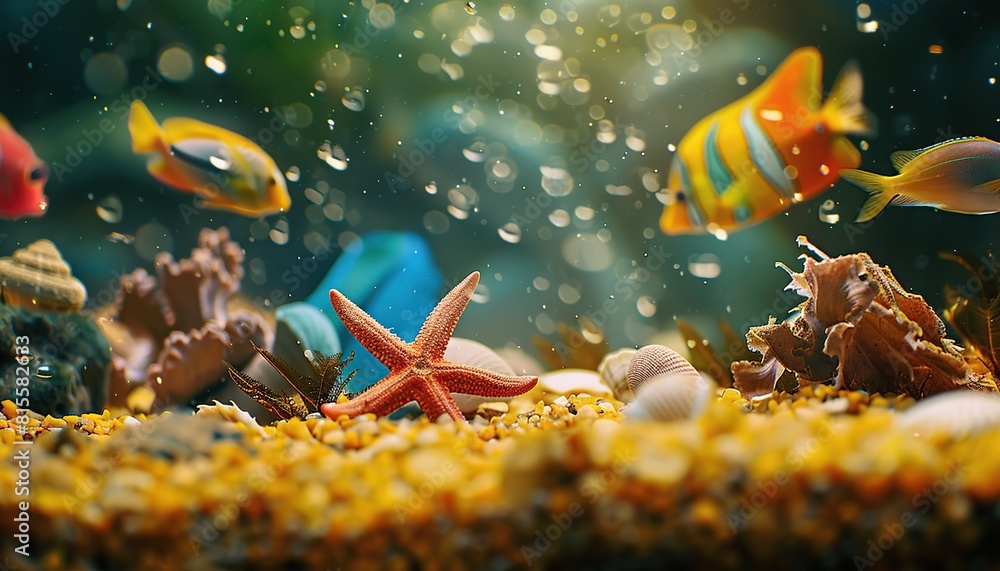 Fototapeta premium Aquarium Month Concept Abstract Colorful Fish Swim Yellow Sand Shells Starfish Crabs