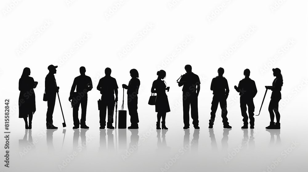 Diverse Professional Silhouettes: Multicultural Teamwork Concept with Business Professionals Standing Together, Reflecting Occupation Diversity and Unity in Corporate Environment.