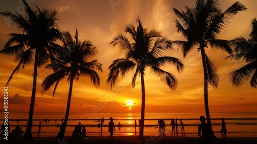 Sunset Silhouette  Capture the breathtaking beauty of a beach sunset from above  with silhouettes of palm trees and beachgoers outlined against a fiery sky ablaze with hues of orange  pink  and gold
