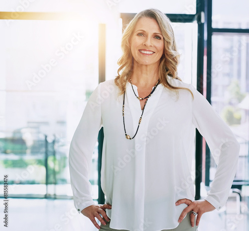 Business, portrait and happy woman in office with confidence, positive mindset and startup career, goals or pride. Consulting agency, face and friendly female manager with advice or job opportunity