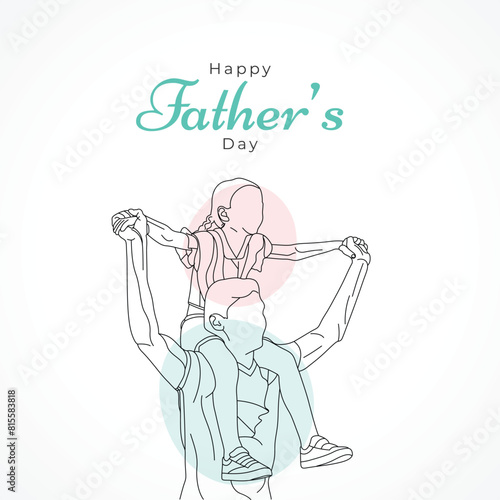 Happy father's day with dad and child hand drawn illustration, Happy father's day one line illustration