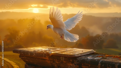 White dove in flight over a Bible set against a backdrop of rolling hills at sunrise, vivid style