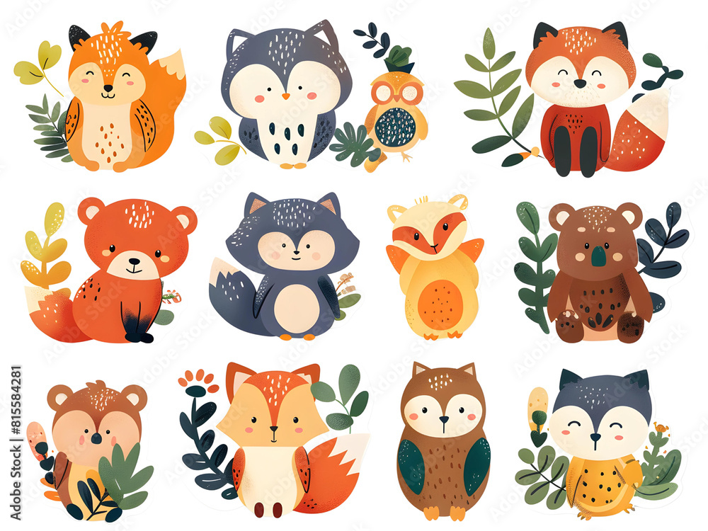 Fototapeta premium A collection of whimsical animal illustrations in sticker form, including foxes, owls, and bears, with vibrant colors and fun expressions, white background for removing background