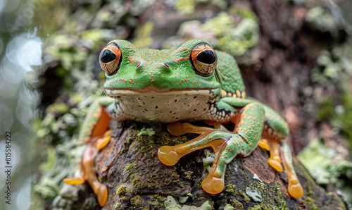 A colorful green tree frog with bright eyes perched on a branch. Generate AI