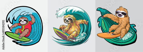 Chill sloth riding waves happily vector, Generative AI