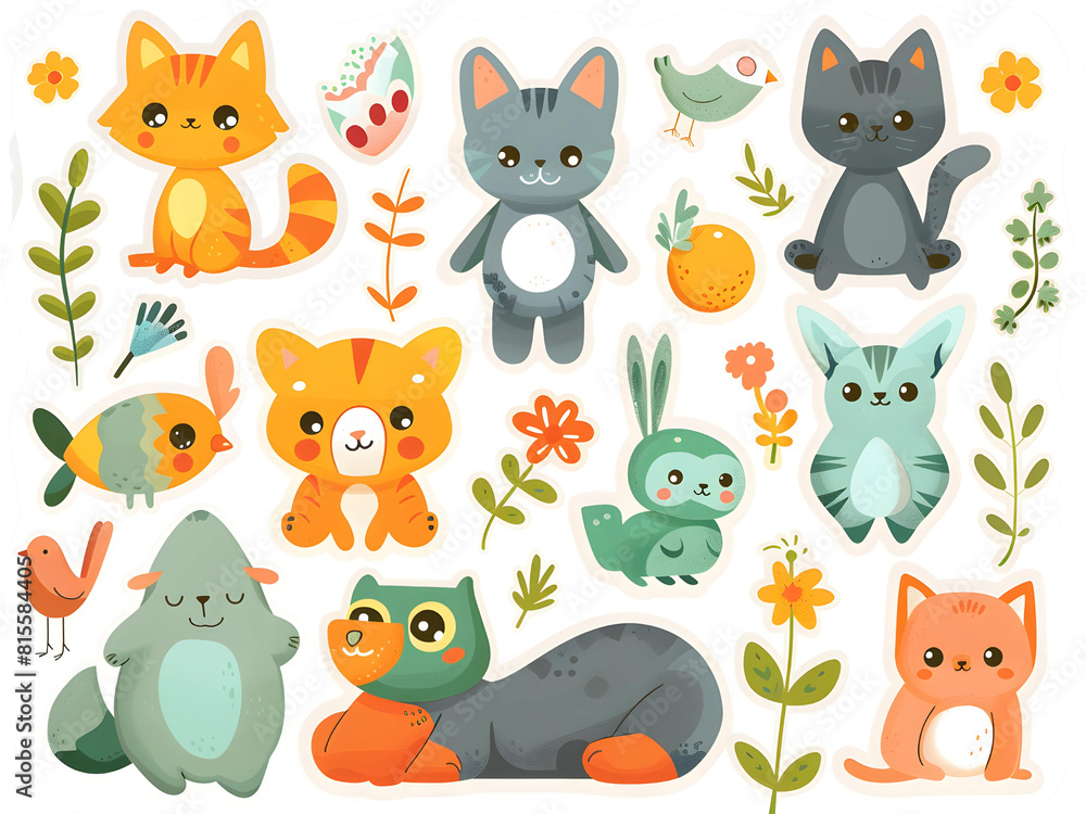 A collection of whimsical animal illustrations in sticker form, including foxes, owls, and bears, with vibrant colors and fun expressions, white background for removing background A collection of whimsical animal illustrations in sticker form, including foxes, owls, and bears, with vibrant colors and fun expressions, white background for removing background