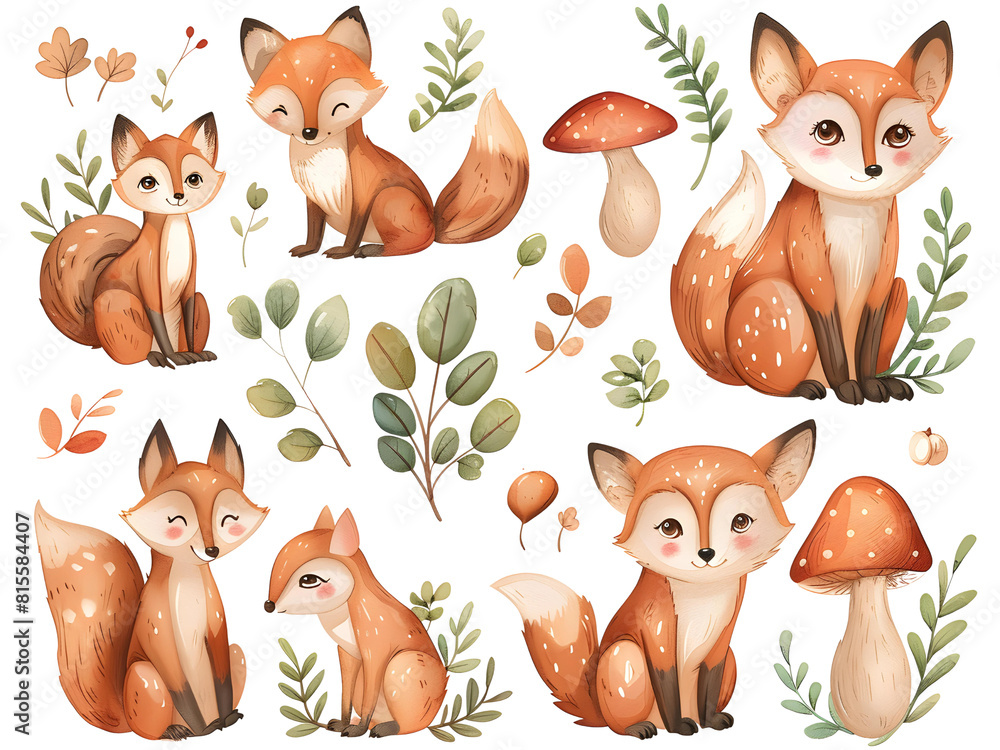 Naklejka premium A collection of whimsical animal illustrations in sticker form, including foxes, owls, and bears, with vibrant colors and fun expressions, white background for removing background