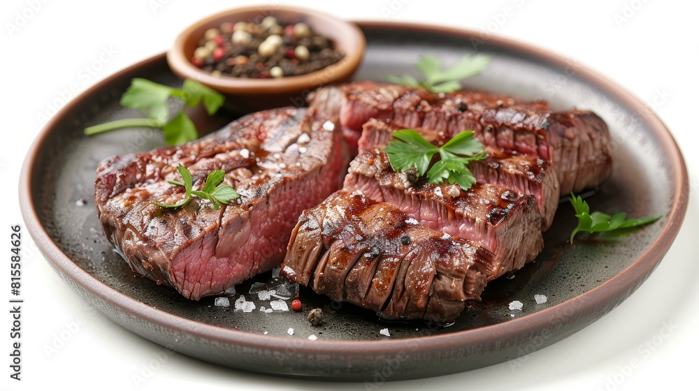 Close-up of a premium pork steak, elegantly decorated on a plate, showcasing succulent textures and rich colors, isolated background, studio lighting Close-up of a premium pork steak, elegantly decorated on a plate, showcasing succulent textures and rich colors, isolated background, studio lighting