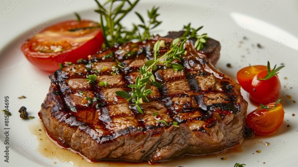 Close-up of a premium pig steak, artistically decorated on a plate, showcasing succulent texture and color, isolated for advertising clarity Close-up of a premium pig steak, artistically decorated on a plate, showcasing succulent texture and color, isolated for advertising clarity