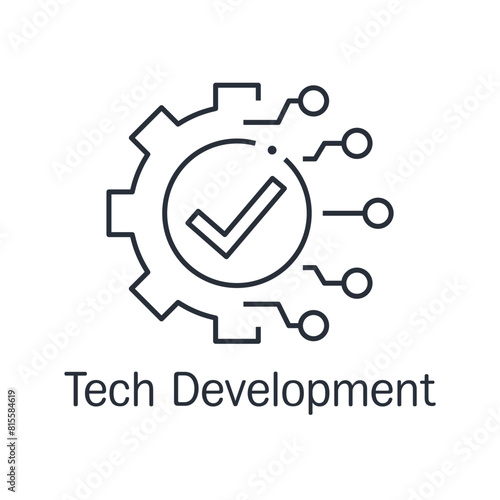 Technology development, cogwheel and check mark, innovation concept, system integration, software business, technical support, smart solution.Vector linear icon isolated on white background.