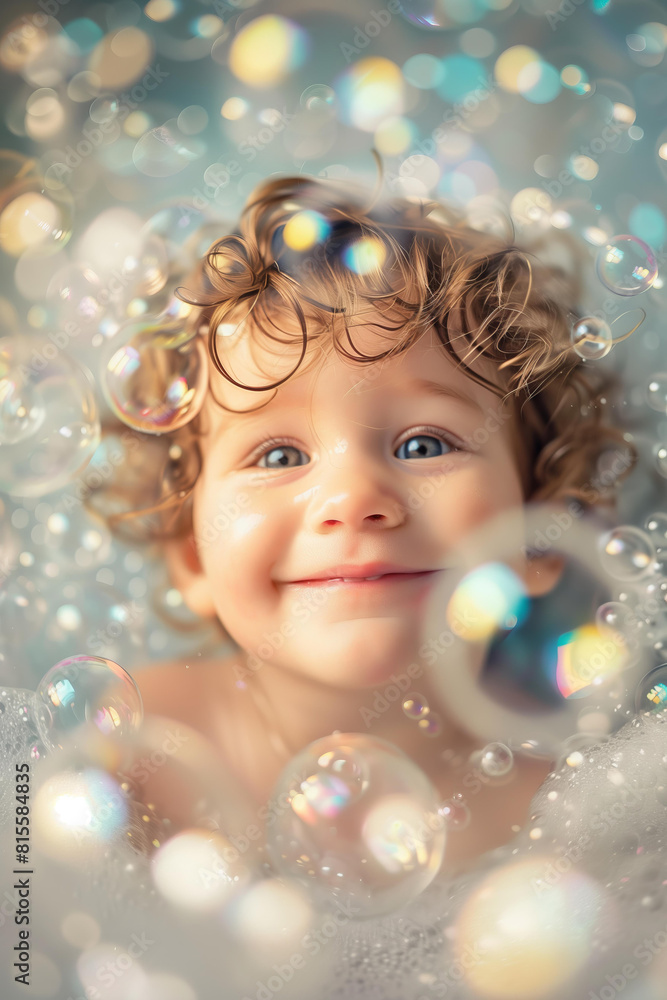 Smiling baby surrounded by bubbles and foam in the bathroom, whimsical style, bright colors, closeup portrait
Smiling baby surrounded by bubbles and foam in the bathroom, whimsical style, bright colors, closeup portrait