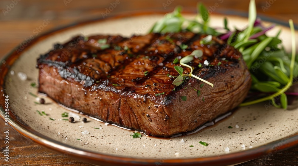 Close-up of a premium goat steak on a decorative plate, showcasing succulent textures and garnishes, isolated background, studio lighting Close-up of a premium goat steak on a decorative plate, showcasing succulent textures and garnishes, isolated background, studio lighting