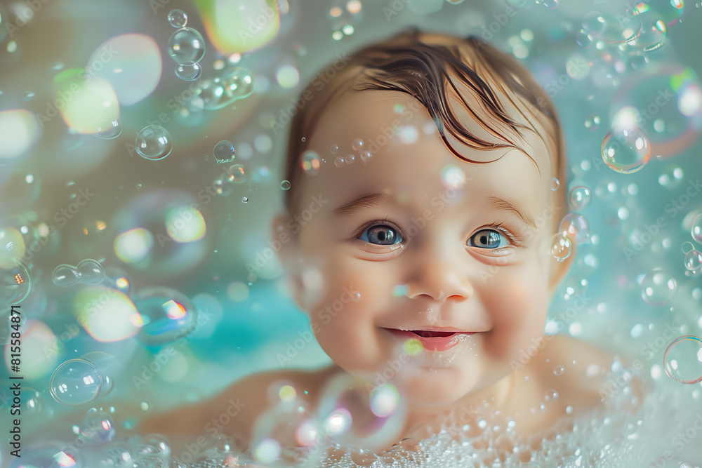 Smiling baby surrounded by bubbles and foam in the bathroom, whimsical style, bright colors, closeup portrait
Smiling baby surrounded by bubbles and foam in the bathroom, whimsical style, bright colors, closeup portrait