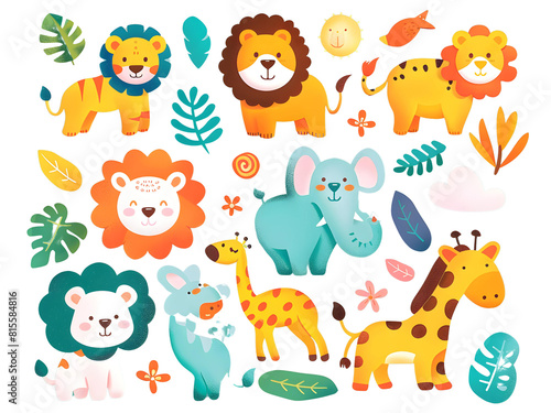 An array of cartoon-style animal stickers including lions  tigers  elephants  and giraffes  designed with vibrant colors and adorable expressions  ideal for kids  crafts  white background for